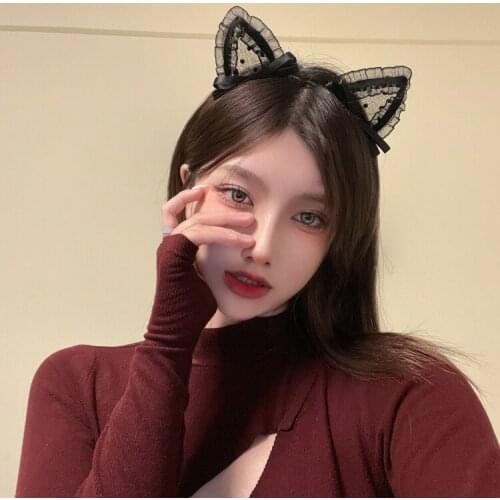 French bow hair hoop female summer all-in-one go out retro temperament lace hair clip face hoop thin style headdress Neko ears