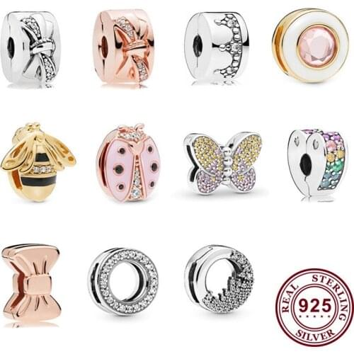 Genuine 925 Sterling Silver Pan Clip Glittering Crown Butterfly Queen Bee Pink Ladybug Clip Pendant For Bracelet Diy Jewelry