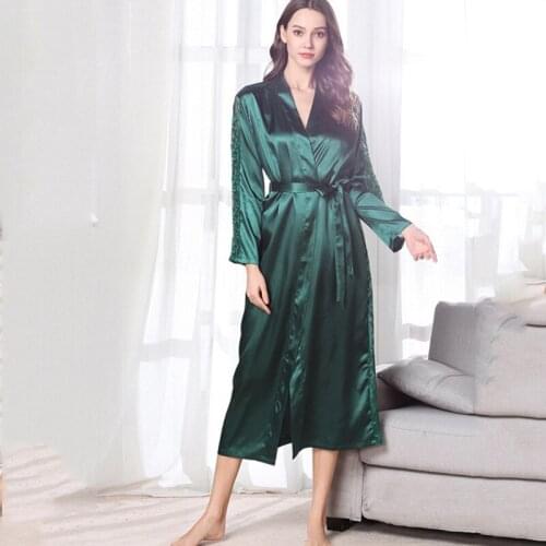 Womens pajamas simulation silk robe, lace sexy long robe and bathrobe, pure color casual and comfortable home wear