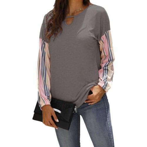 Tshirts women 2020 autumn long sleeve loose o-neck t-shirt stripe splicing top fashion casual pullove woman clothes