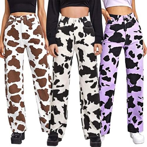 Women’s Korean Wide Leg Jeans Fashion Cow Pattern Printing High-waist Denim Pants with Pocket