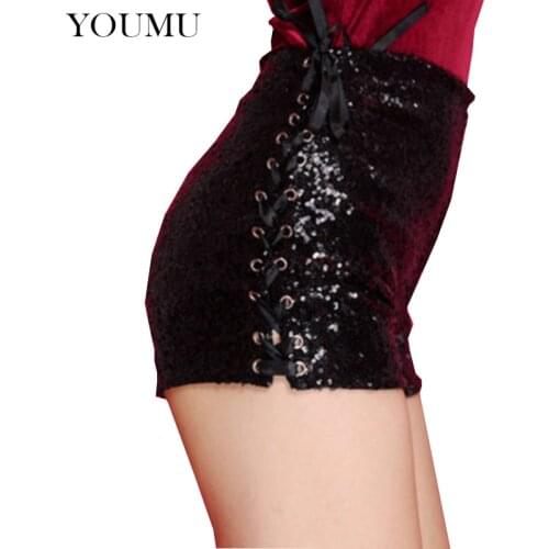 Women Sexy Skinny Shorts High Waist Hollow Out Solid Ribbons Drawstring Lace Up Short Pants Nylon Club Evening Wear 200-954
