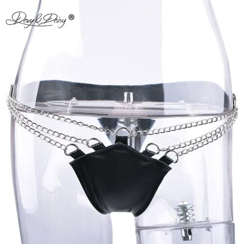 DAVYDAISY Women Sexy Panties Metal Chain Latex Panties PU Leather Thongs Sexy Lingerie Exotic Briefs Female Underwear UN524