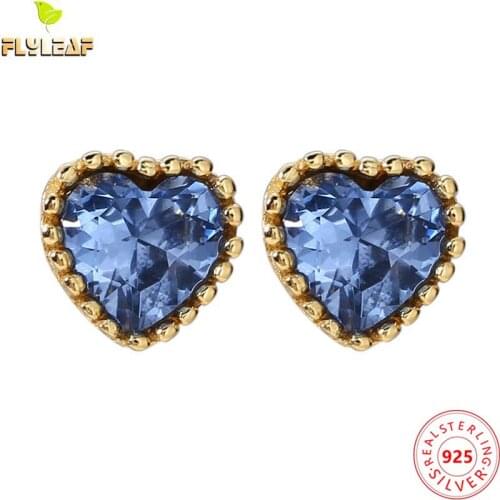 Heart-shaped Blue Crystal 100% 925 Sterling Silver Stud Earrings For Women Gold Fine Jewelry Femme Earings Fashion Jewelry