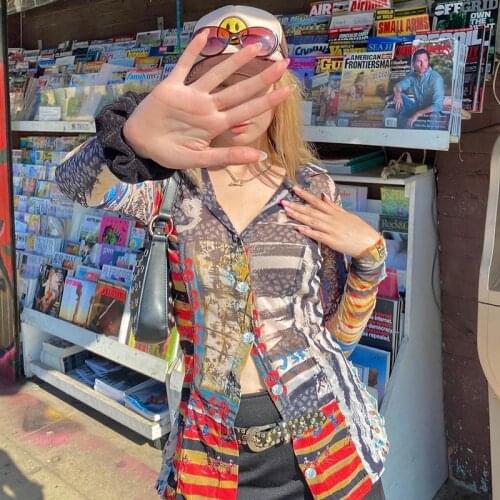 LORDLDS Women Patchwork Print Mesh Shirts Long Sleeve Streetwear Pluz Size Autumn Button Up Ladies Tops Fashion Clothes Woman