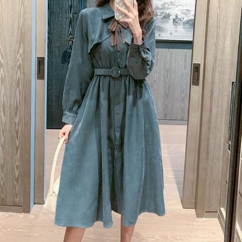 Korea Velvet Core Elegant Long Skirt Female Summer Y2k Retro Casual Temperament Long-Sleeved Button Belt Dress Woman Vestidos