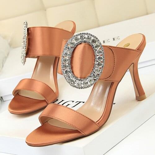 2021 Summer Fashion Sexy Women 8.5cm High Heels Lady Party Slippers Rhinestone Silk Satin Heels Slippers Female Crystal Shoes