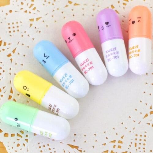 6 pcs Mini Pill Leaves Eggs Shaped Highlighter Pens For Writing Cute Face Graffiti Marker Pen Stationery School Office Supplies