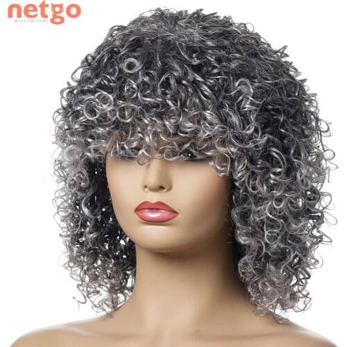 Netgo Afro Kinky Short Curly Synthetic Wig Black Gray Wig With Bangs Heat Resistant Cosplay Party Daily Wig For Black Women