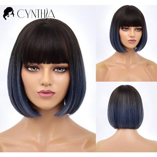 Short Straight Black To Blue Ombre Bob Daily Synthetic Wigs For Women With Bangs Heat Resistant Fiber Cosplay Hair Wig