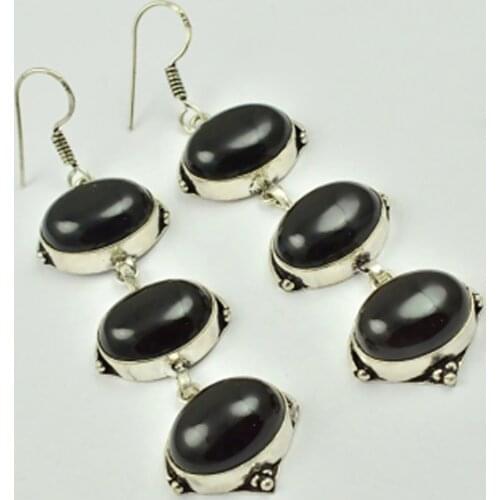 Black Onyx , Silver Overlay on Copper Earrings, 75 mm , E2351
