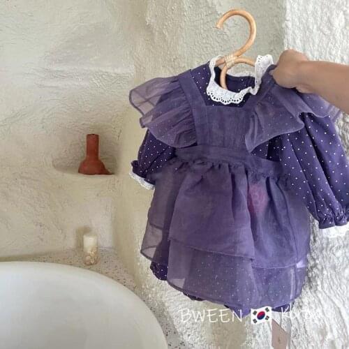 2021 Autumn New Children Fashion Girls Dress Lace Collar Polka Dot Bubble Sleeve Lolita Princess Mini Dresses