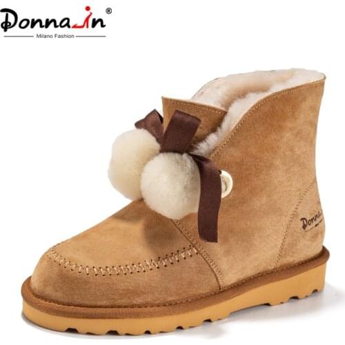 Donna-in Genuine Leather Snow Boots for Women Natural Wool Fur Warm Female Winter Shoes Butterfly Bow-knot Fluffy Ball Flats