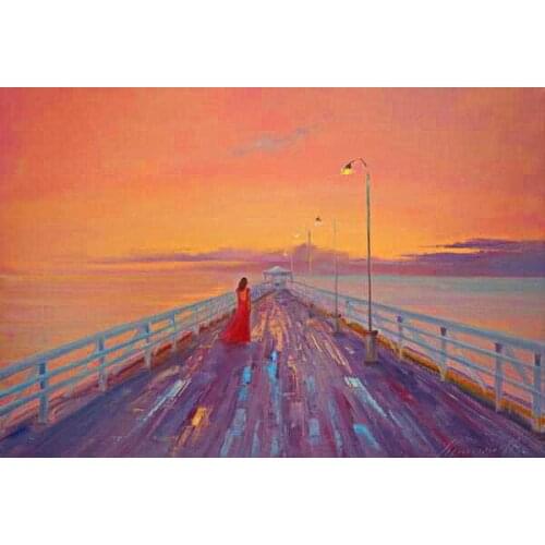 Handmade painting girl walking on the bridge at twilight Time on oil canvas for home decor and wallpaper, gallery