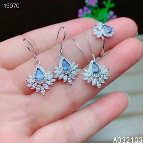KJJEAXCMY fine jewelry 925 sterling silver inlaid natural Tanzanite Women elegant plant water drop Gem Ring Pendant Earring Set