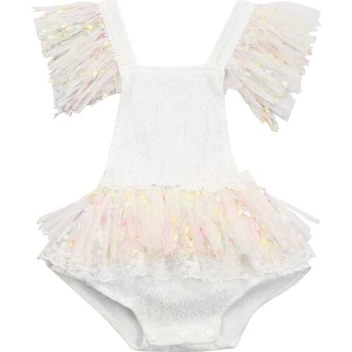 2021 0-3Y Infant Baby Girl Birthday Party Romper Dress Bling Bling Sequins Tassels Fly Sleeve Lace Tutu Backless Summer Playsuit
