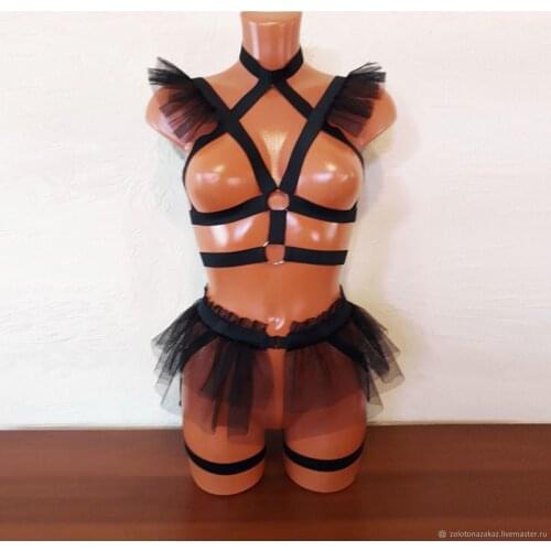 2 Piece Sexy Lingerie Set Harness Strappy Hollow Out Bandage Lace See-through Elastic Bra and Garters Erotic Sets New Pajamas