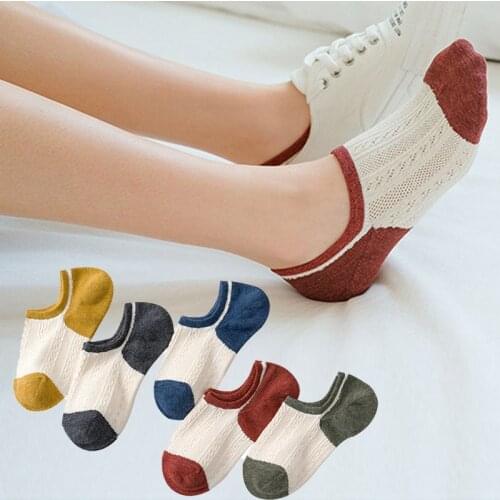 5 Pairs Summer Women Socks Lot Retro Style Candy Color Cotton Casual Breathable Mesh Cute Short Invisible Ankle Socks Pack Set