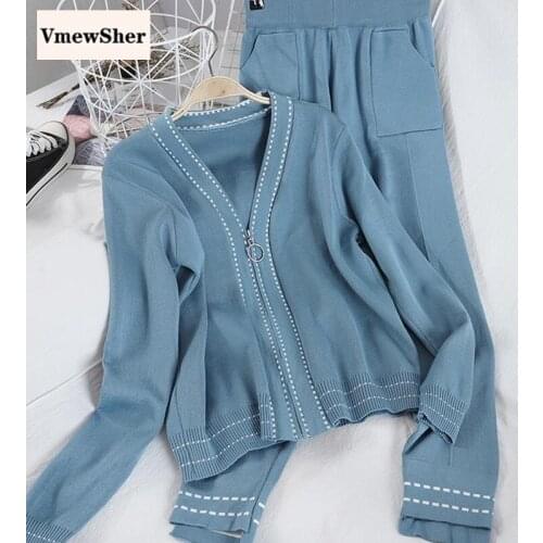 VmewSher New Autumn Knitted 2 Peice Set Women Long Sleeve Sweater Cardigan Female Tops + Pants Suit Blue Korean Casual Tracksuit