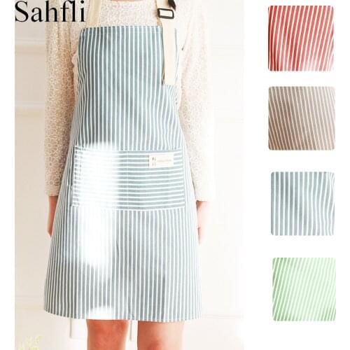 Kitchen Accessories Cotton Fauxlinen Blend Apron with Pocket Stylish Strips Pattern Adjustable Halter Aprons for Adult Cooking