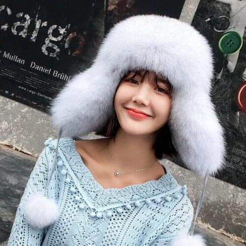 2021 100% Real Fox Fur Hat Womens Russian Ushanka Aviator trapper snow skiing Hat caps earflap winter raccoon fur Bomber hat