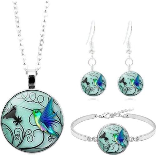 European and American New Accessories Hummingbird Time Gem Necklace Set Bracelet Earrings Jewelry Set