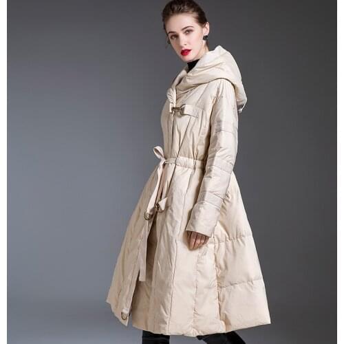 Obrix New Style Winter Female Fashionable Jacket White Duck Down Parka Warm Long Solid Color Hooded Coat With Belt For Women