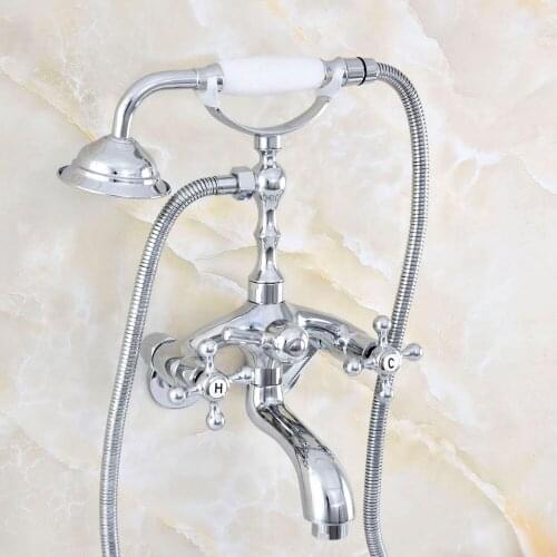 3-3/8" Polished Chrome Wall Mount Telephone Style Bathroom Bath Tub Faucet Mixer Tap w/ Handheld Spray Shower Nqg407
