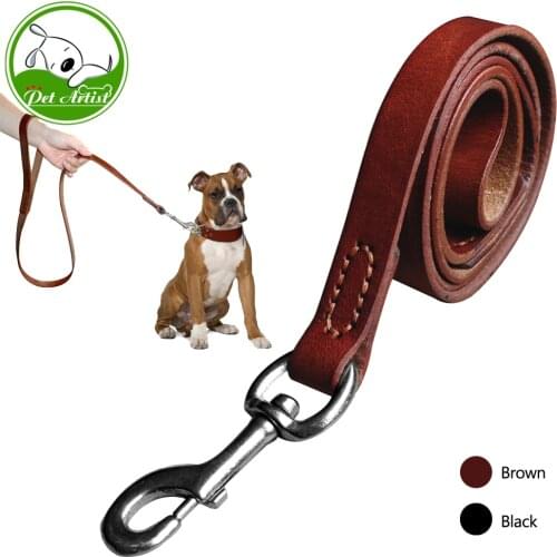 4ft Genuine Leather Dog Walking Training Leash Heavy Duty Water Resistant Full Grain Leather Lead Brown For Medium Large Dog