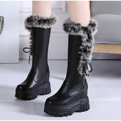 Thigh High Boots Women Knee-High Round Toe Pu Leather Waterproof Snow Boots Non-slip Platform Height Increase Women Shoes 2021