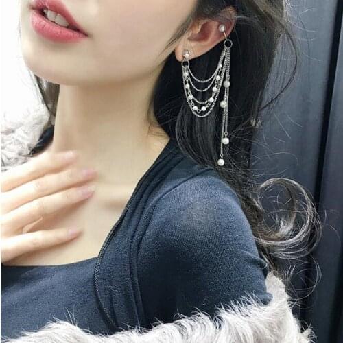 Ex896 Korean Fashion simple pearl ear bone nail earrings integrated fringed chain pearl earrings female jewelry accessories 1pcs