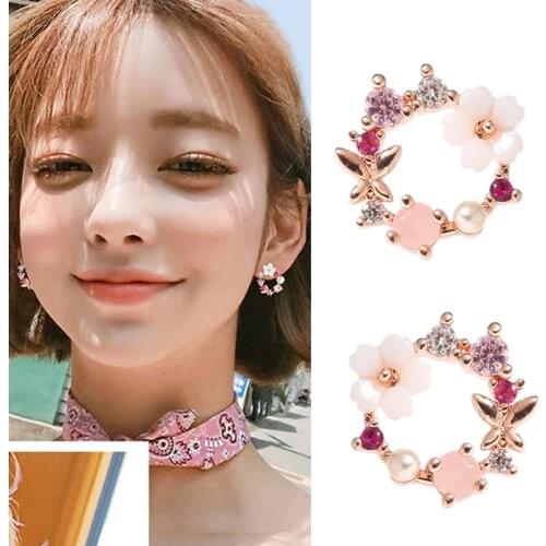 JIOFREE Elegant Korean Rhinestone Flower small Round Circle Clip Earrings Charm Pearl Wedding Party Jewelry Pendientes For Women