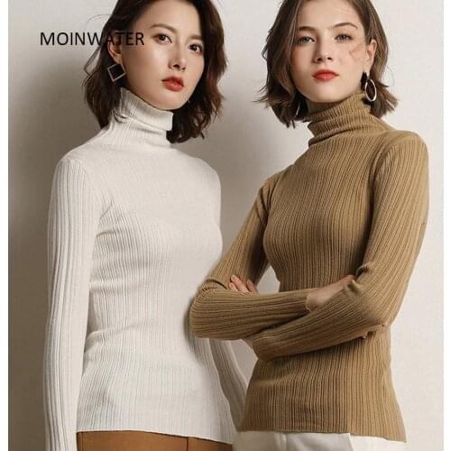 MOINWATER Women White Knitted Pullover Sweaters Lady Slim Cashmere Turtleneck Sweater Tops Base Clothing for Women MS1903
