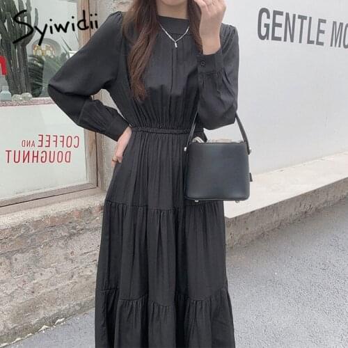 Syiwidii Vintage Dresses for Women Autumn 2021 Korean Fashion New O-Neck Long Sleeve Back Zipper Casual A Line Midi Dress Black