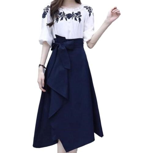 Vintage embroidery flowers blouse and high waist bow skirt womens suits set 2 pieces