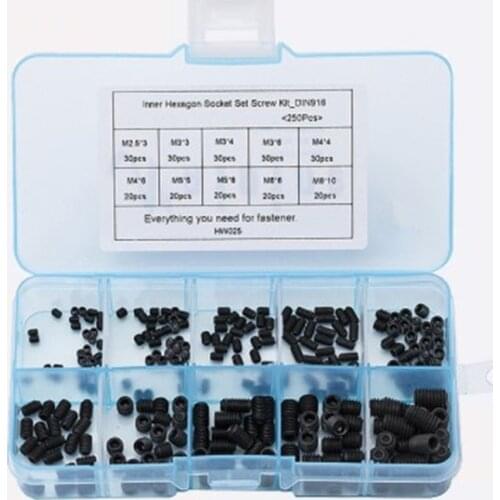 250Pcs/set M2.5 M3 M4 M5 M6 DIN916 Mix Black Carbon Steel Metric Thread Grub Screws Inner Hexagon Socket Set Screw Kit