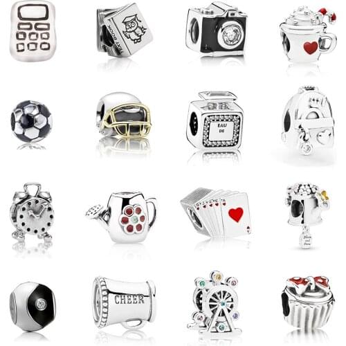 High Quality 925 Silver Football Calculator Alarm Clock Camera Perfume Bag Ferris Wheel Charm DIY Original Women Jewelry