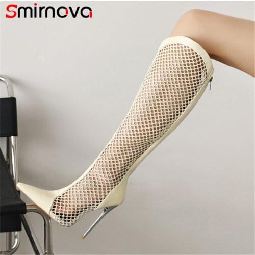 Smeeroon 2021 Summer Mesh Boots Women Sexy Thin High Heels Casual Nightclub Shoes Pointed Toe Zip Fashion Women Knee High Boots