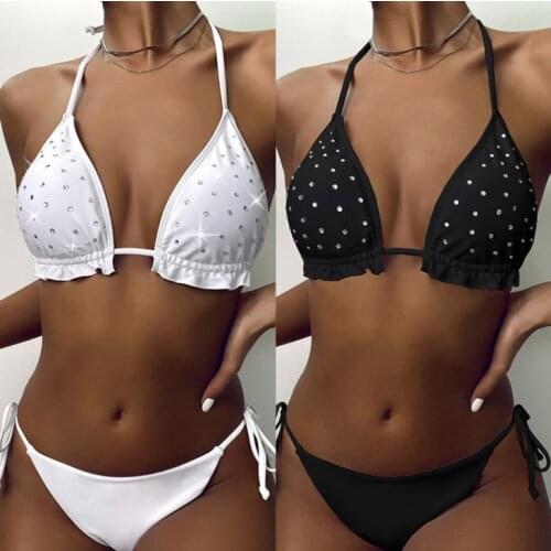 Ladies Summer Split Swimwear Set Adults Women Creative Rhinestone Decoration Hanging Neck Sexy Bikini Backless Swimsuit