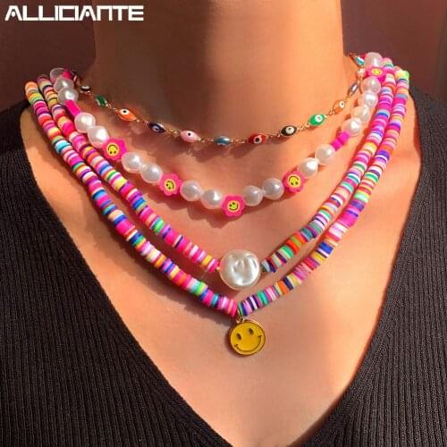 Bohemian Handmade Pink Striped Clay Beaded Necklaces For Women Imitation Pearl Smiley Heishi Choker Pendant Necklace Jewelry