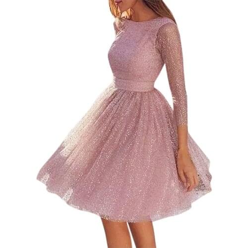 Women Wedding O-neck Dress Elegant Party Evening Slim Hollow Lace Dress High Waist Sexy Slim Pink Dress Vestidos Mujer #G3