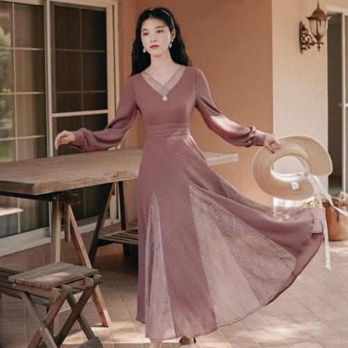 Chic Gentle Purple Vintage Knitted Stitching Lace Dress Women Spring 2021 New French V-Neck Slim Temperament Dresses Vestidos