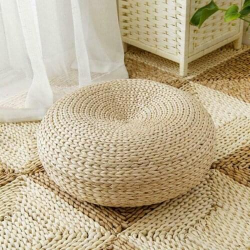 1PC Handmade Pouf Natural Straw Woven Tatami Cushion With Hooks Tea Chairs Cushion Round Floor Yoga Mat Home Balcony Accessories