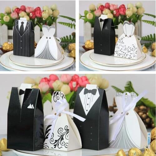 100PCS Packaging Gift Boxes Wedding Favor Candy Dragee Box Bride Groom Dress with Ribbon Boite Dragees De Mariage Chocolate Deco