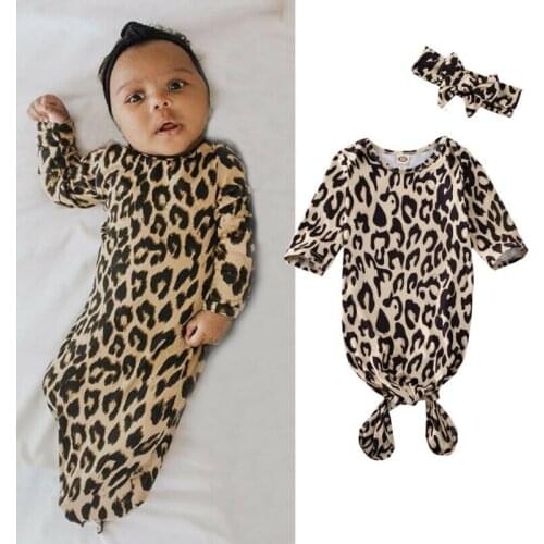 Baby Long Sleeve Leopard Printed Sleeping Bags Newborn Infant Blanket Swaddle Wrap Headbands 2PCS Outfits Set