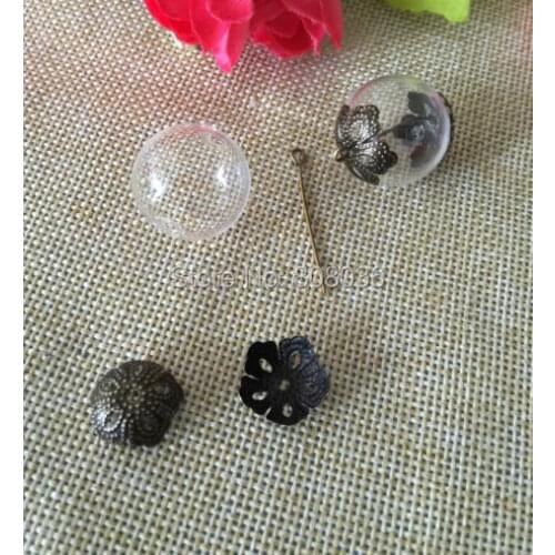 Freeshipping 20set 30mm Glass Globe Vial with Two Hole &Flower Beads Cap &Eye Pin DIY Glass Vial Pendant Glass Cover Vial