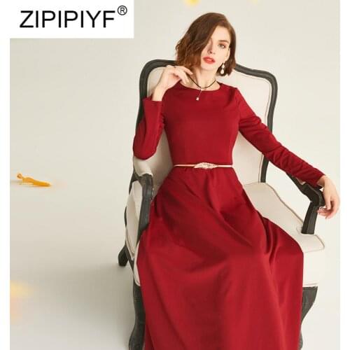 2020 Spring New Fashion Women Elegant O-Neck Long Sleeve Ankle-Length Loose Dress With Sashes Solid Female High Street Dress Y26