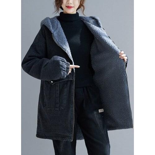 2021 Oversize Winter Women Denim Jacket Plus Velvet Thicken Iambswool Coat Loose Hooded Black Jeans Tops Plus Size 5XL KW1046