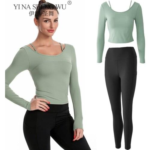 Seamless Pants Yoga Set Women Feamle 2 Piece Long Sleeve Crop Top T-Shirt Leggings Sportsuit Workout Outfit Gym Wear Sport Set