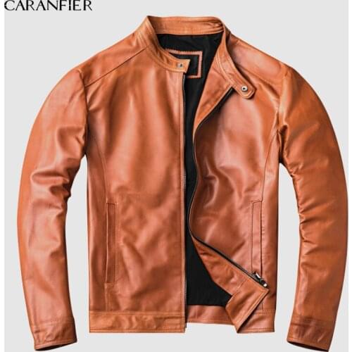 CARANFIER 2019 Men Genuine Leather Jacket Fashion Stand Collar Motorcycle Biker Jacket Vegetable Tanned Goatskin Winter Coat